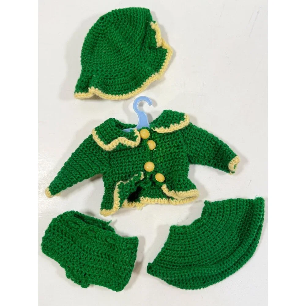 Vintage Mary Hoyer Doll Crocheted Winter Outfit Green White Trim Purse Hat